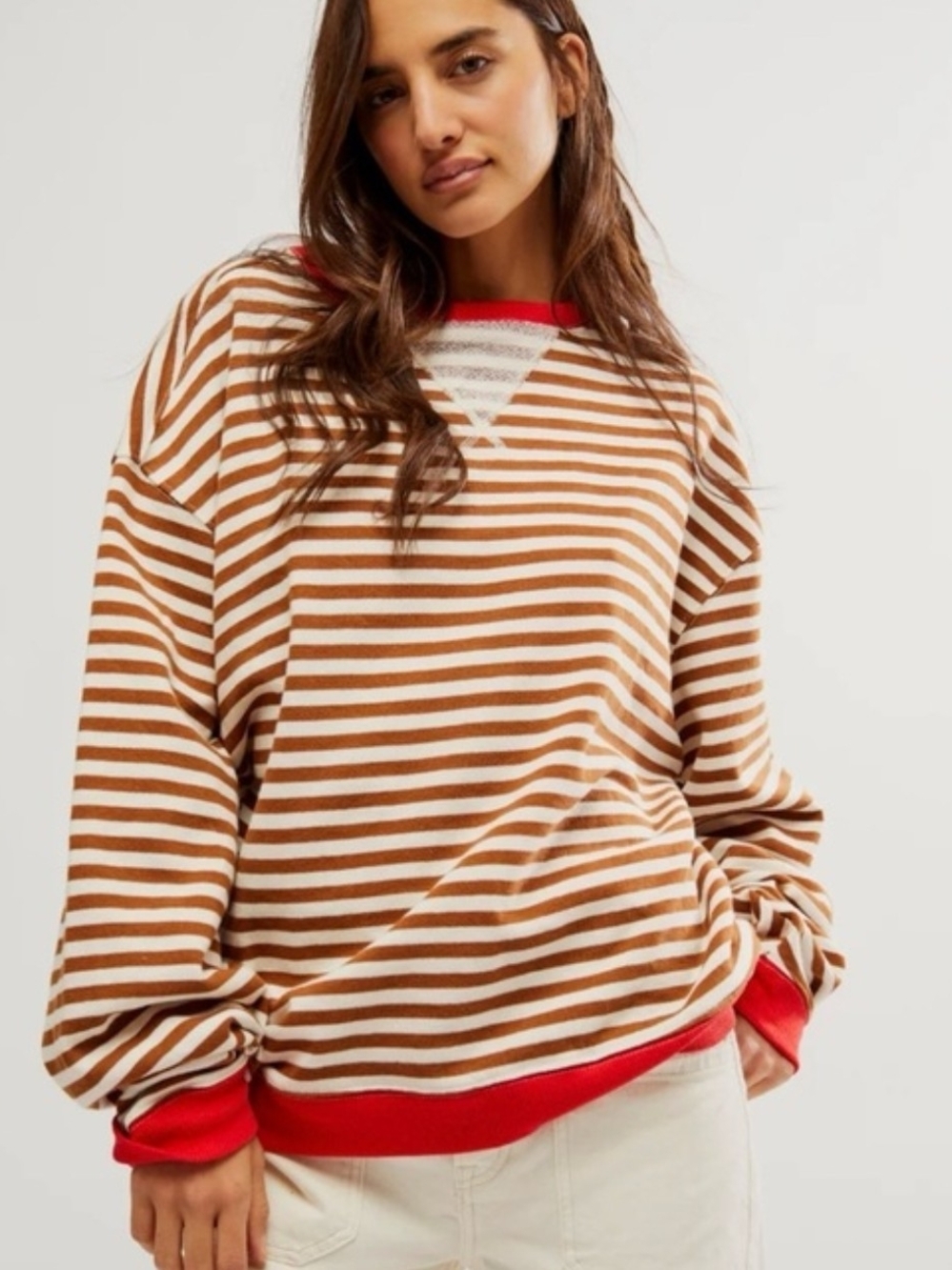 Free People We The Free Classic Striped Oversized Crewneck in Coffee Combo